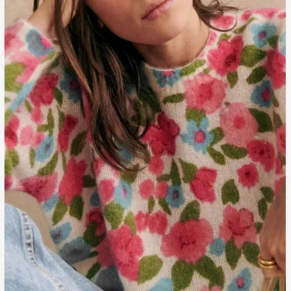 Sezane Janelia Jumper Sweater - Pink Flowers/ Turquoise Kid Mohair Knit French - Picture 4 of 11
